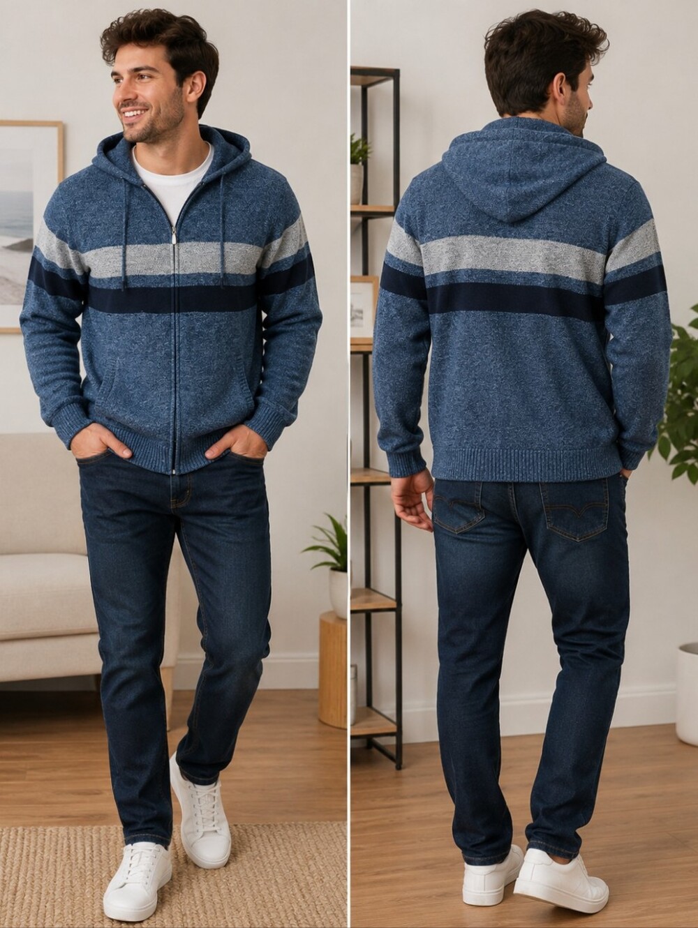 Men's Hooded Zip Sweater With Dark Sherpa Lining In Blue with Stripes